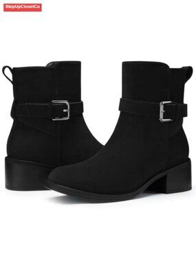 Women's Ankle Boots Square Toe Faux Leather Low Block Heel Side Zipper